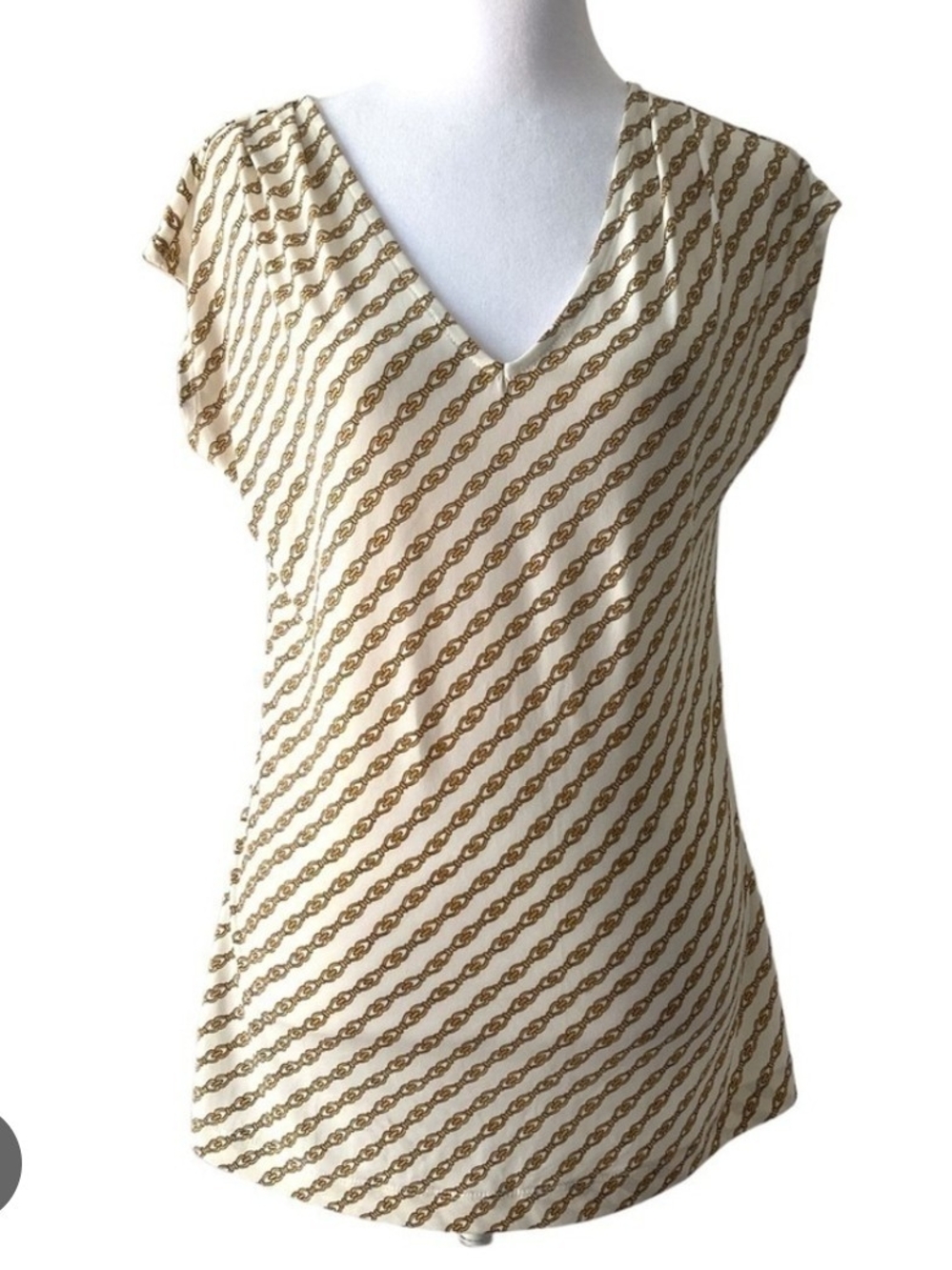Banana Republic Cream V-Neck Top with Gold Chain Print